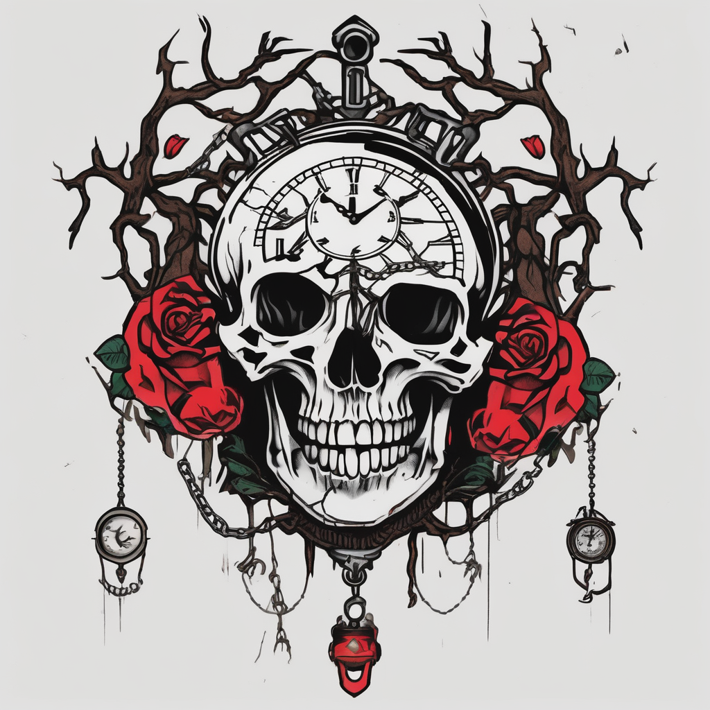 tattoo fool sleeve, tree roots break out of the chains at the bottom of the hand, broken mask, Clock with flying numbers, girl, skull, roses, less shadows english dragon tattoo, AI-generated Minimalist tattoo design